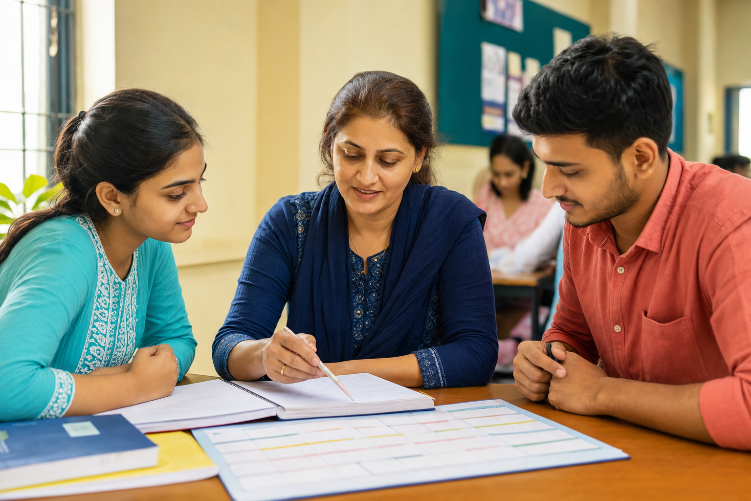 A nursing educator guiding two students through their study plan
