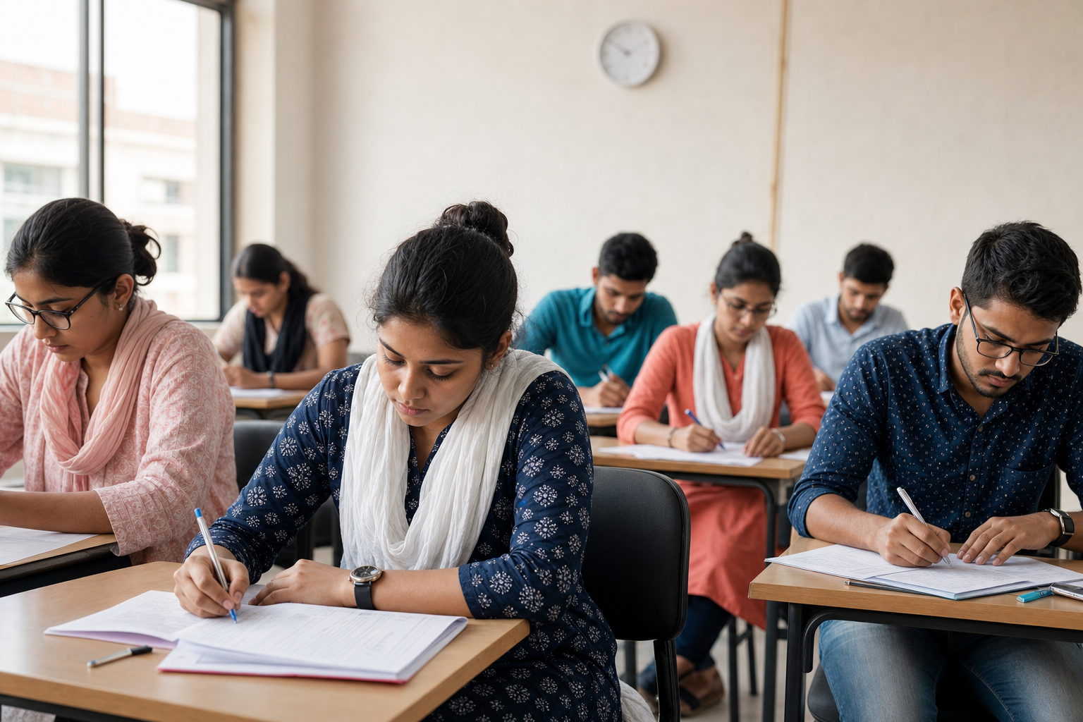 Nursing exam candidates completing a timed classroom practice test